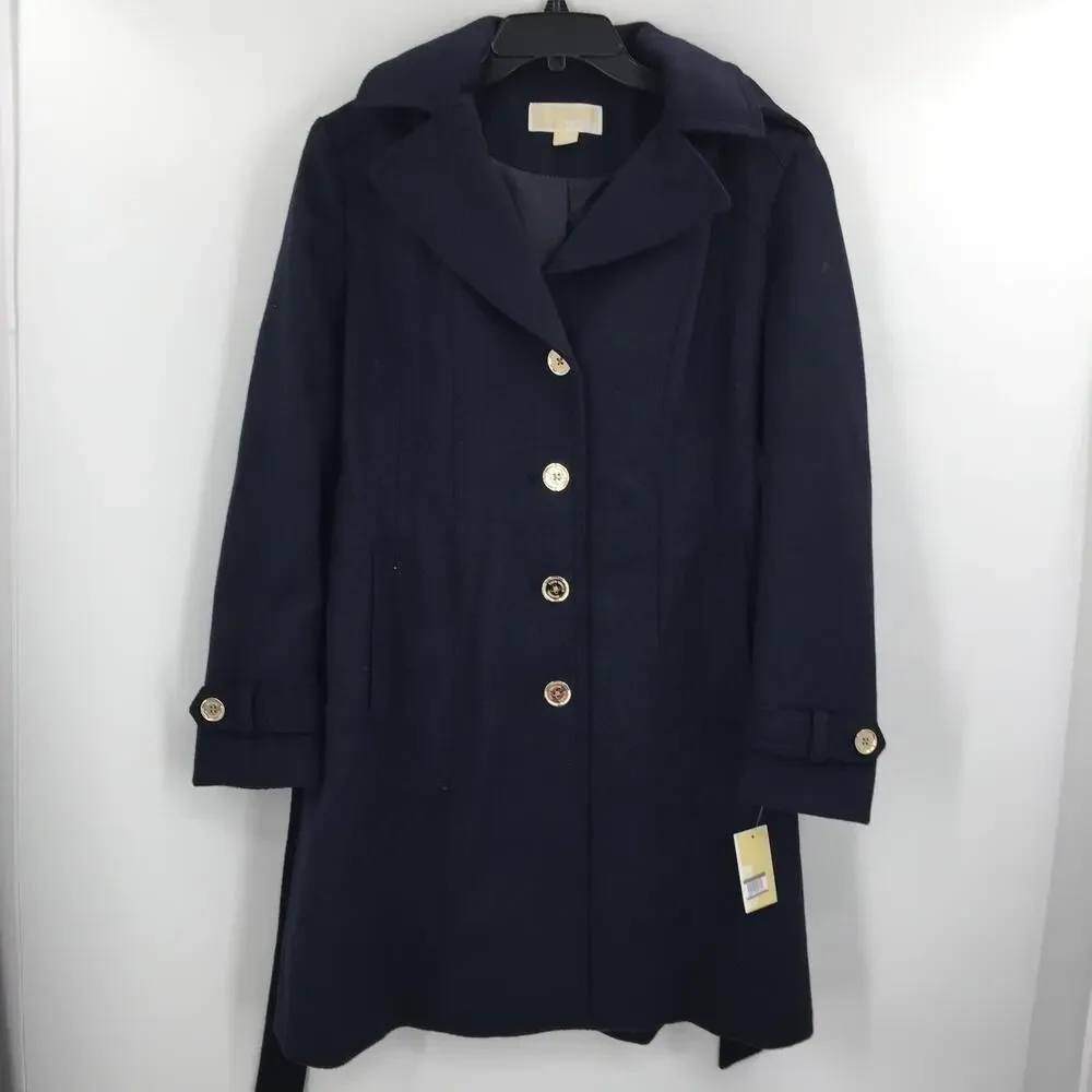 Michael Kors Wool Blend Button Front Hooded Trench Coat Long Sleeve Size Medium